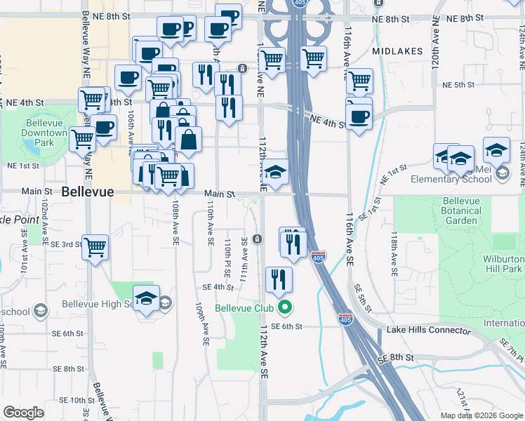 map of restaurants, bars, coffee shops, grocery stores, and more near 112th Ave SE & SE 1st Pl in Bellevue