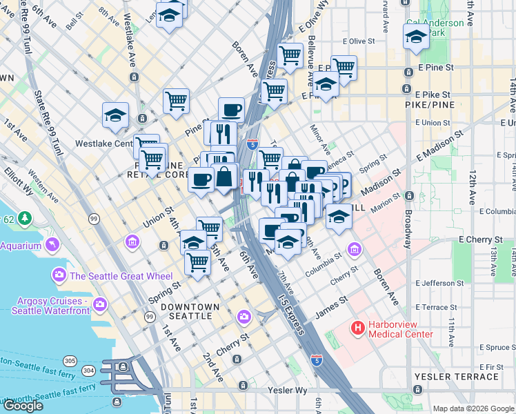 map of restaurants, bars, coffee shops, grocery stores, and more near in Seattle