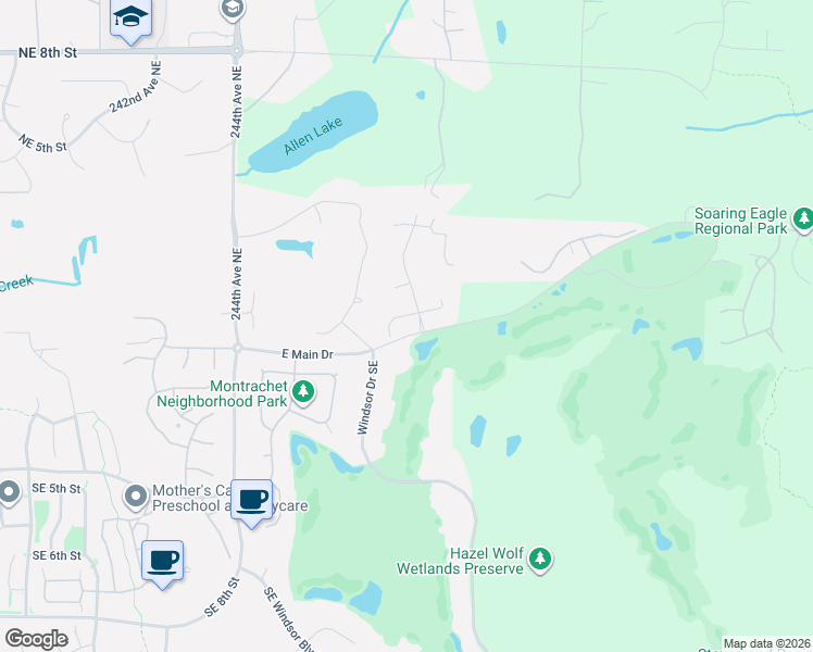 map of restaurants, bars, coffee shops, grocery stores, and more near 24864 Northeast 1st Place in Sammamish