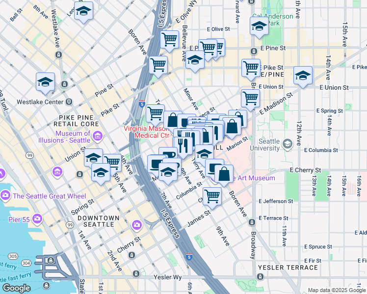 map of restaurants, bars, coffee shops, grocery stores, and more near 1019 Terry Avenue in Seattle