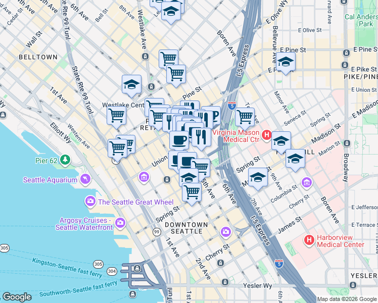 map of restaurants, bars, coffee shops, grocery stores, and more near 1326 5th Avenue in Seattle