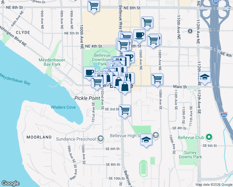 map of restaurants, bars, coffee shops, grocery stores, and more near 10333 Main Street in Bellevue