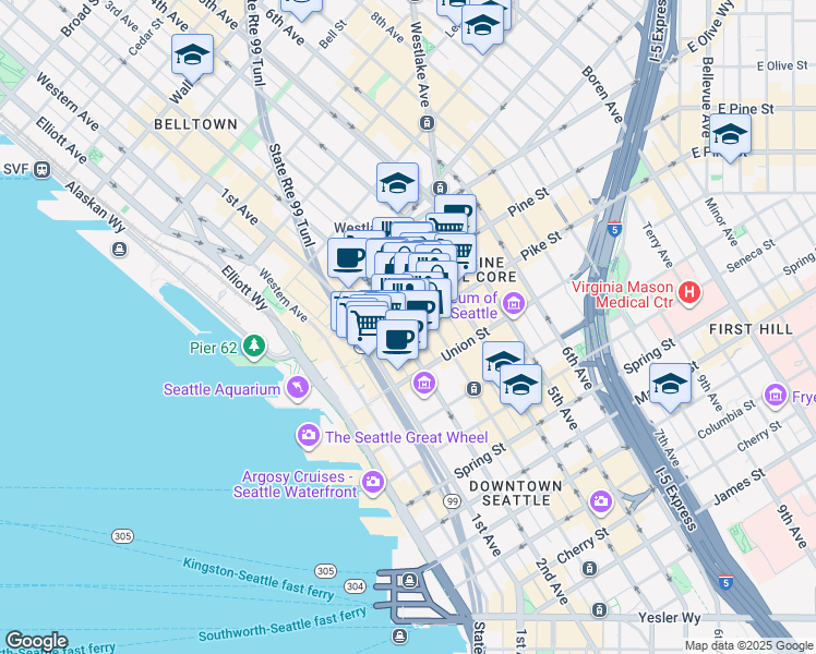 map of restaurants, bars, coffee shops, grocery stores, and more near 1513 3rd Avenue in Seattle