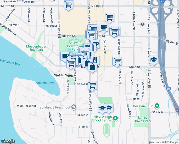 map of restaurants, bars, coffee shops, grocery stores, and more near in Bellevue