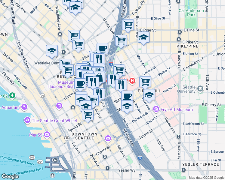 map of restaurants, bars, coffee shops, grocery stores, and more near 720 Seneca Street in Seattle