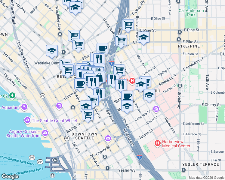 map of restaurants, bars, coffee shops, grocery stores, and more near 720 Seneca Street in Seattle