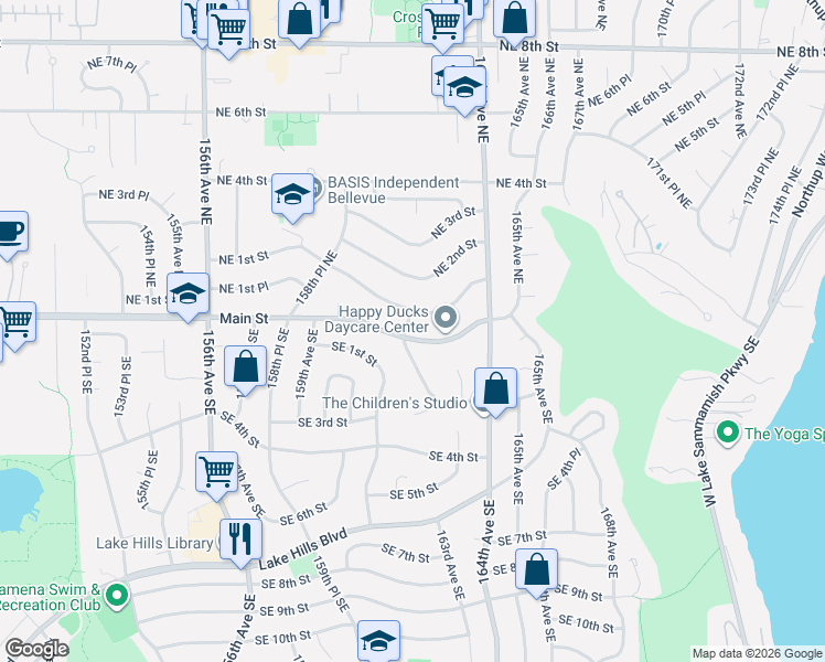 map of restaurants, bars, coffee shops, grocery stores, and more near 16204 Main Street in Bellevue