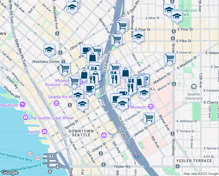 map of restaurants, bars, coffee shops, grocery stores, and more near in Seattle