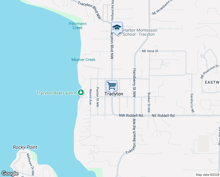 map of restaurants, bars, coffee shops, grocery stores, and more near 5140 May Street Northwest in Bremerton