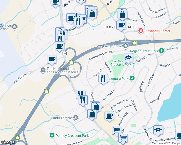 map of restaurants, bars, coffee shops, grocery stores, and more near 3 Tyrone Place in St. John's