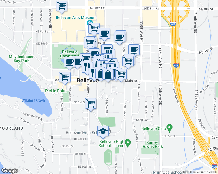 map of restaurants, bars, coffee shops, grocery stores, and more near 10575 Main Street in Bellevue