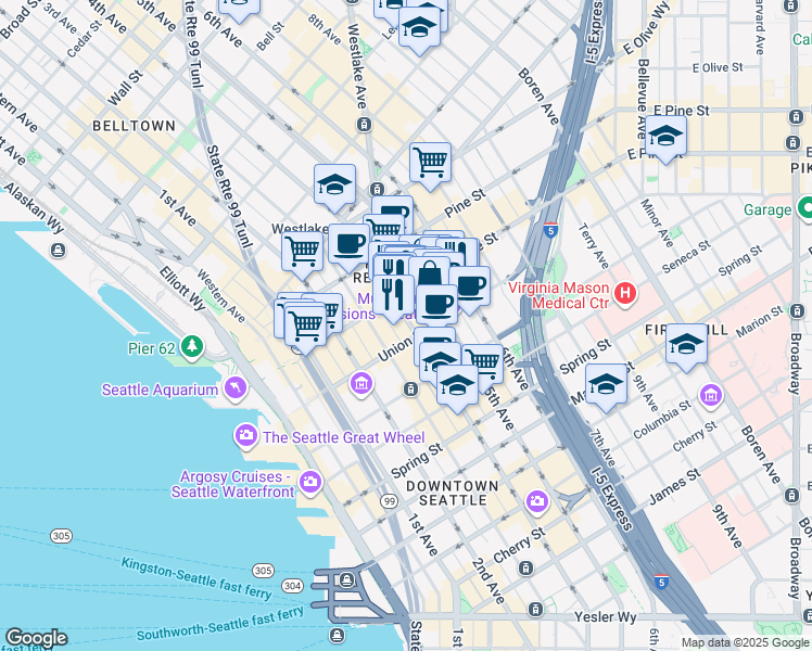 map of restaurants, bars, coffee shops, grocery stores, and more near in Seattle