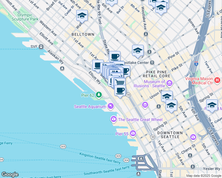 map of restaurants, bars, coffee shops, grocery stores, and more near 1922 Pike Place in Seattle
