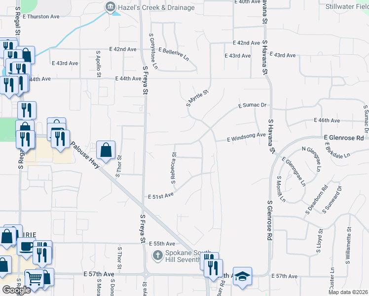 map of restaurants, bars, coffee shops, grocery stores, and more near 3819 East Sumac Drive in Spokane