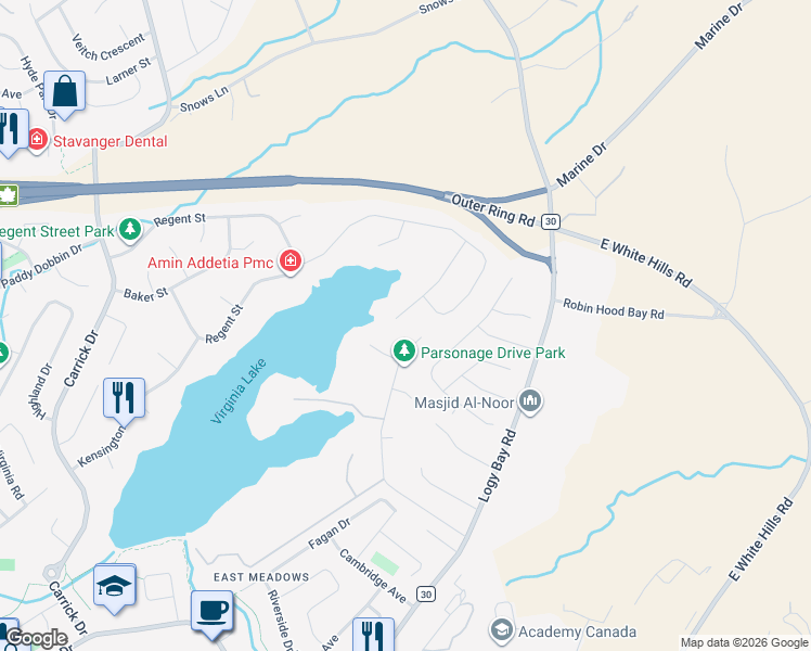 map of restaurants, bars, coffee shops, grocery stores, and more near 27 Stonebridge Place in St. John's