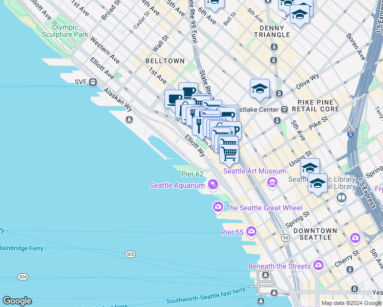 map of restaurants, bars, coffee shops, grocery stores, and more near 1950 Alaskan Way in Seattle