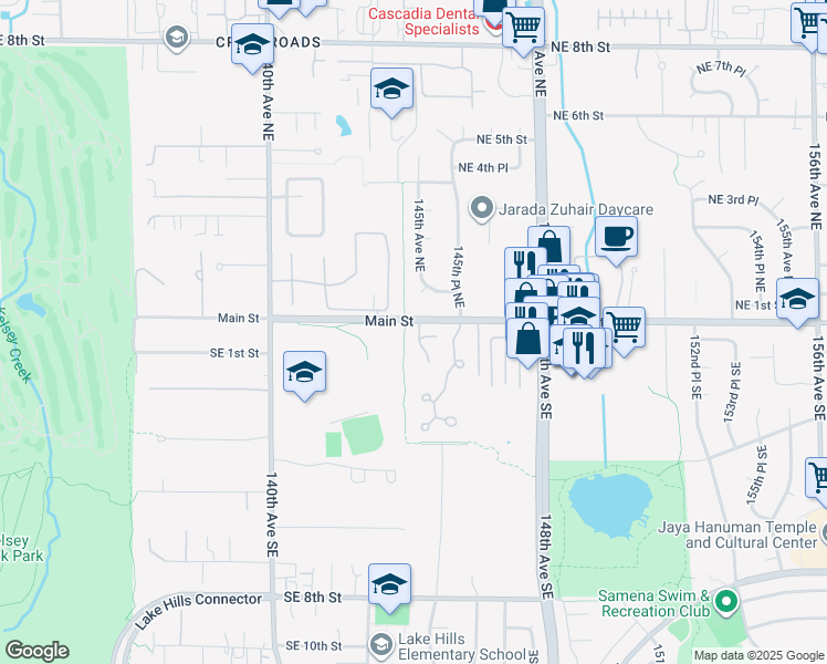 map of restaurants, bars, coffee shops, grocery stores, and more near 14266 Main Street in Bellevue