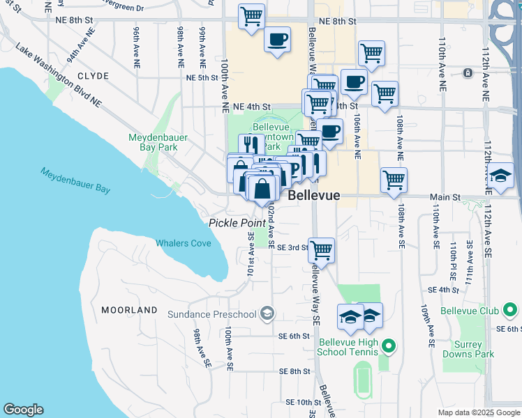 map of restaurants, bars, coffee shops, grocery stores, and more near 10129 Main Street in Bellevue