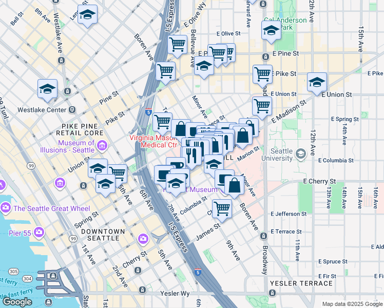 map of restaurants, bars, coffee shops, grocery stores, and more near Terry Avenue in Seattle