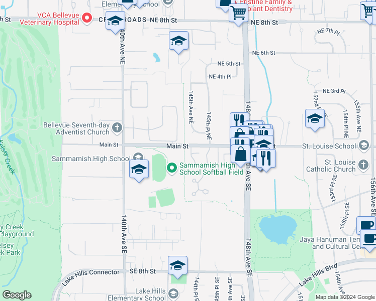 map of restaurants, bars, coffee shops, grocery stores, and more near 14266 Main Street in Bellevue