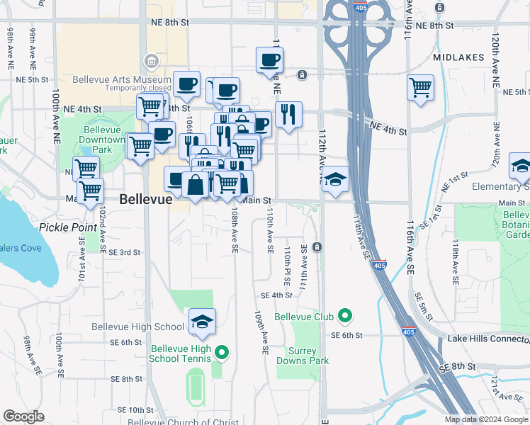map of restaurants, bars, coffee shops, grocery stores, and more near 10845 Main Street in Bellevue