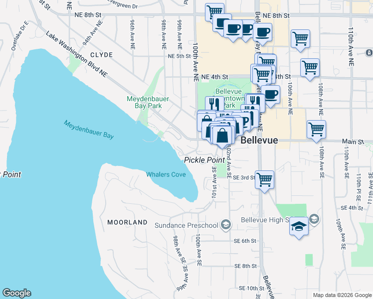 map of restaurants, bars, coffee shops, grocery stores, and more near 9951 Lake Washington Boulevard Northeast in Bellevue