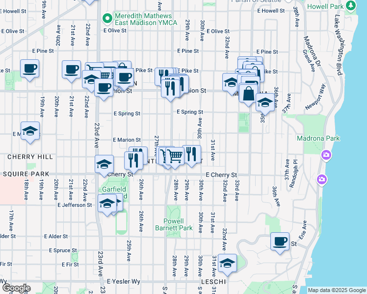 map of restaurants, bars, coffee shops, grocery stores, and more near 829 29th Avenue in Seattle