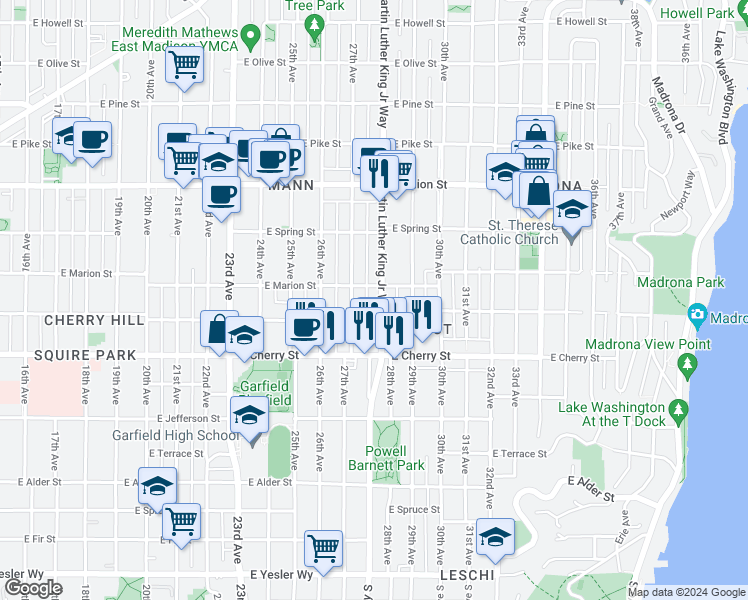 map of restaurants, bars, coffee shops, grocery stores, and more near 2717 East Marion Street in Seattle