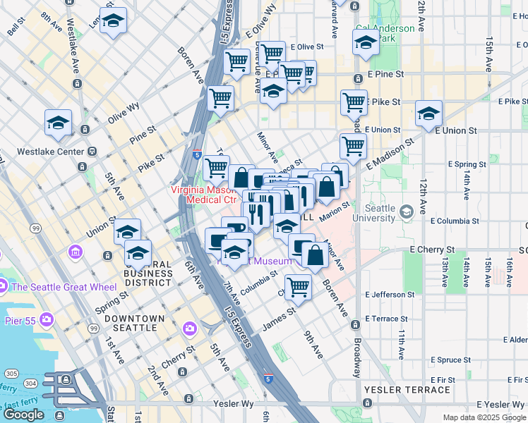 map of restaurants, bars, coffee shops, grocery stores, and more near in Seattle