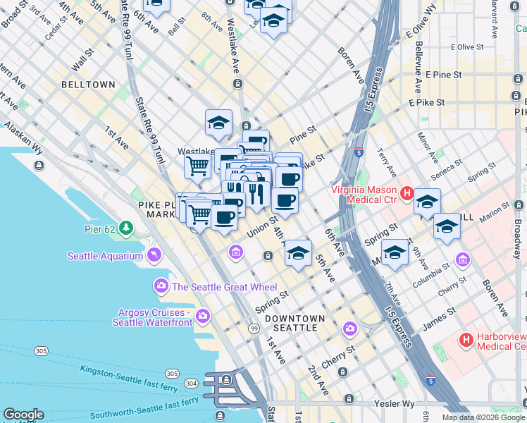 map of restaurants, bars, coffee shops, grocery stores, and more near in Seattle