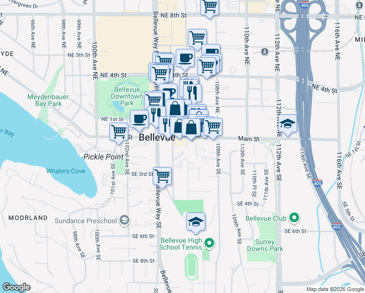 map of restaurants, bars, coffee shops, grocery stores, and more near 10575 Main Street in Bellevue
