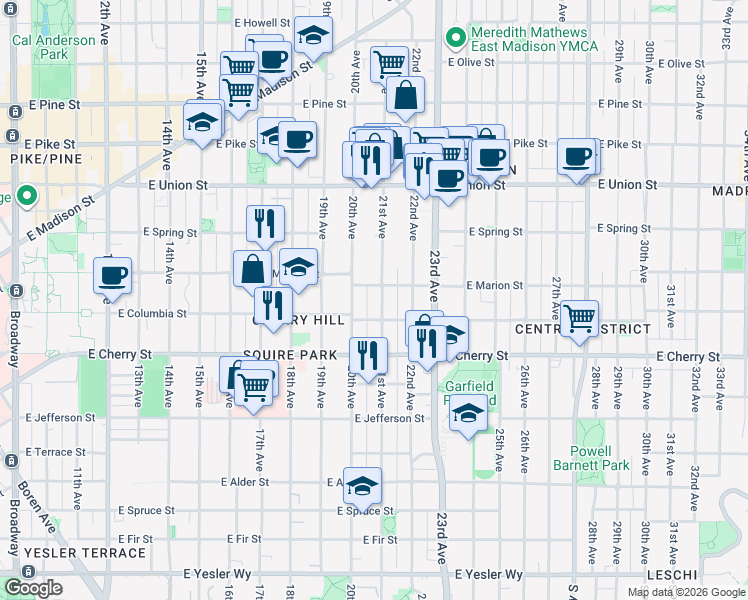 map of restaurants, bars, coffee shops, grocery stores, and more near 2105 East Marion Street in Seattle
