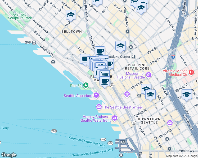 map of restaurants, bars, coffee shops, grocery stores, and more near 1903 Pike Place in Seattle
