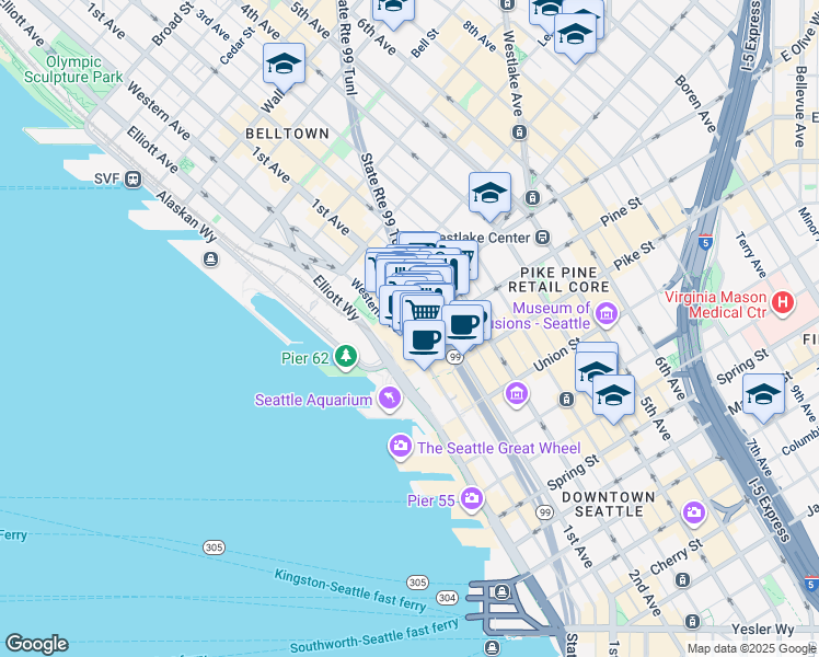 map of restaurants, bars, coffee shops, grocery stores, and more near Stewart St & Pike Pl in Seattle