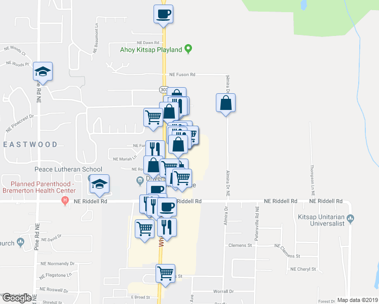 map of restaurants, bars, coffee shops, grocery stores, and more near 5050 Highway 303 in Bremerton