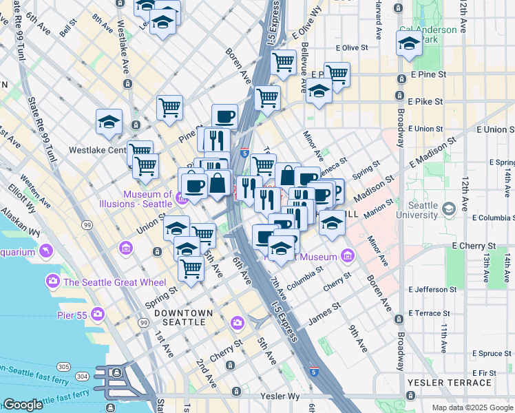 map of restaurants, bars, coffee shops, grocery stores, and more near in Seattle