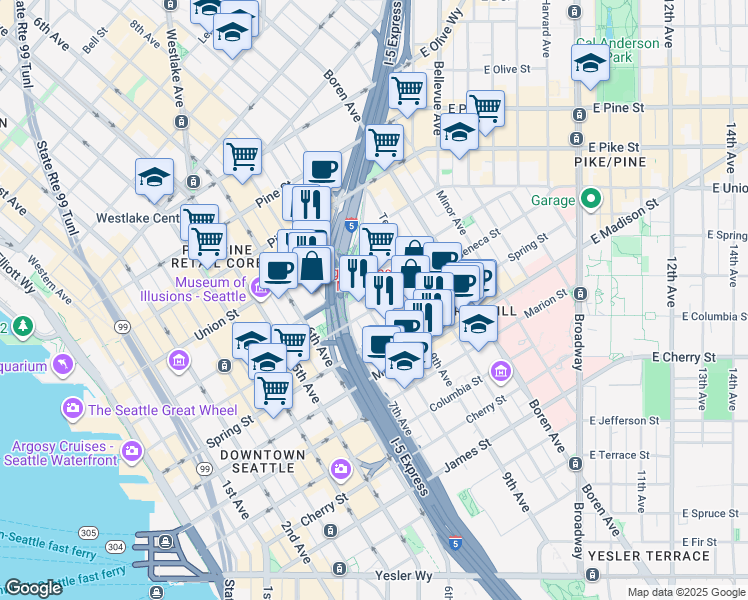 map of restaurants, bars, coffee shops, grocery stores, and more near in Seattle