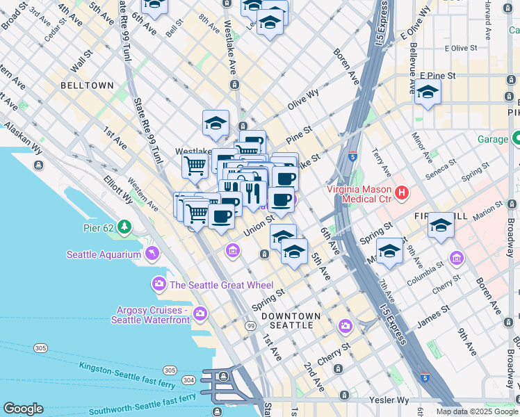 map of restaurants, bars, coffee shops, grocery stores, and more near in Seattle