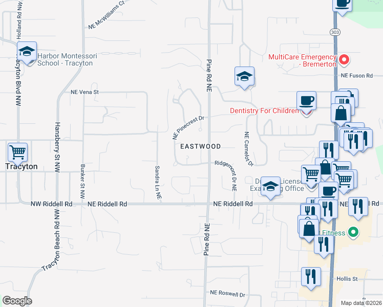 map of restaurants, bars, coffee shops, grocery stores, and more near 763 Northeast Vena Court in Bremerton