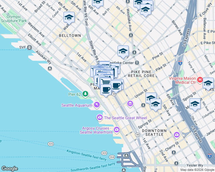 map of restaurants, bars, coffee shops, grocery stores, and more near 1903 Pike Place in Seattle