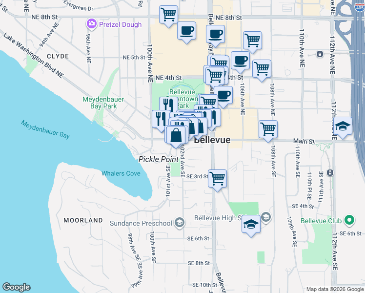 map of restaurants, bars, coffee shops, grocery stores, and more near 10237 Main Street in Bellevue