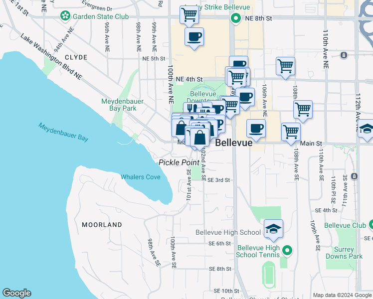 map of restaurants, bars, coffee shops, grocery stores, and more near 10047 Main Street in Bellevue