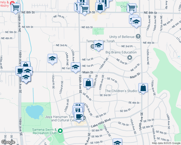 map of restaurants, bars, coffee shops, grocery stores, and more near 1 157th Avenue Southeast in Bellevue