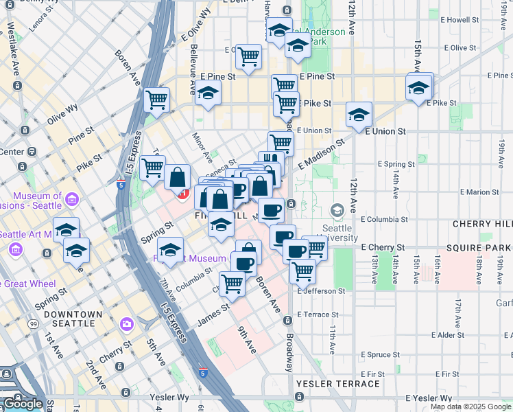 map of restaurants, bars, coffee shops, grocery stores, and more near 1205 Madison Street in Seattle