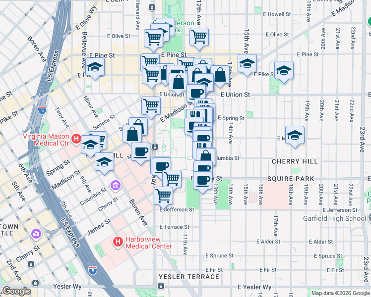 map of restaurants, bars, coffee shops, grocery stores, and more near Seattle University Campus Walk in Seattle