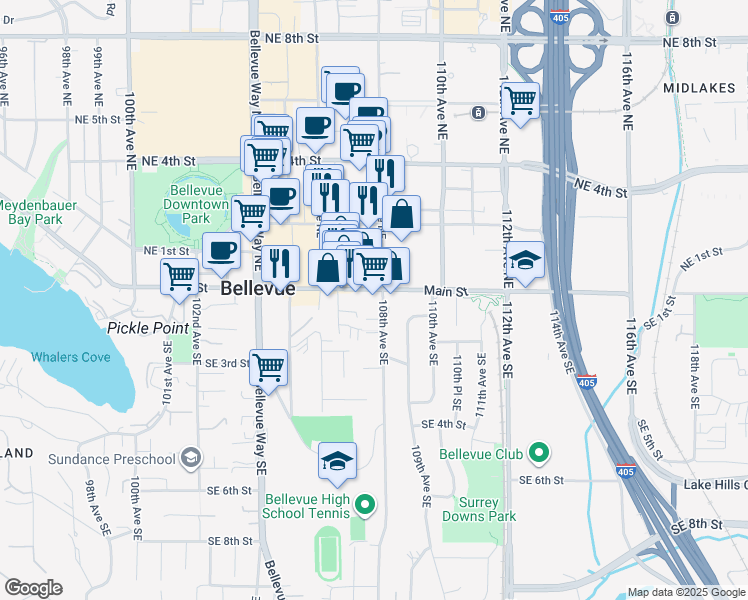 map of restaurants, bars, coffee shops, grocery stores, and more near 10777 Main Street in Bellevue