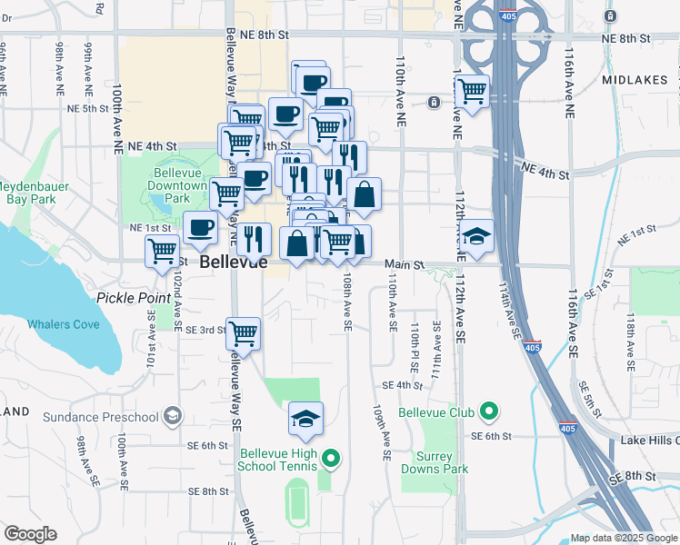 map of restaurants, bars, coffee shops, grocery stores, and more near 10801 Main Street in Bellevue