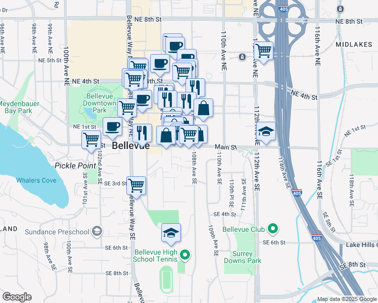 map of restaurants, bars, coffee shops, grocery stores, and more near 10801 Main Street in Bellevue