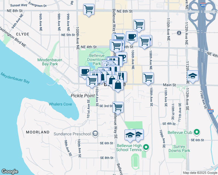 map of restaurants, bars, coffee shops, grocery stores, and more near 10333 Main Street in Bellevue