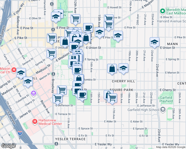 map of restaurants, bars, coffee shops, grocery stores, and more near 832 14th Avenue in Seattle